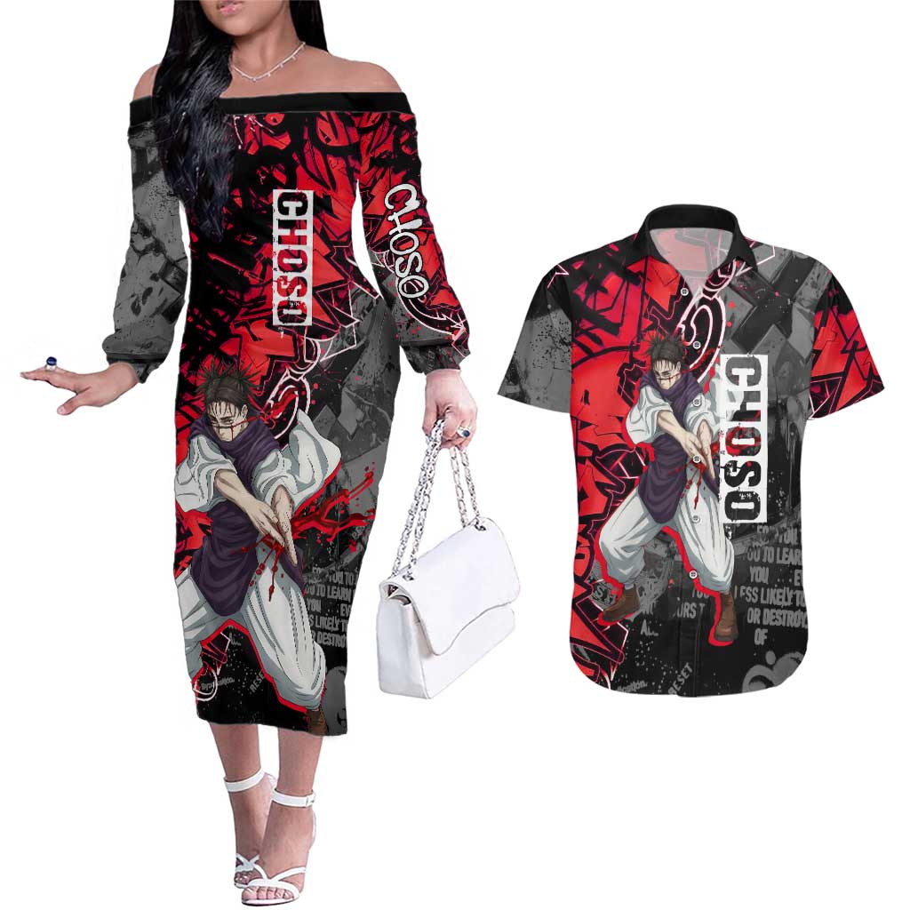 Choso Jujutsu Kaisen Couples Matching Off The Shoulder Long Sleeve Dress and Hawaiian Shirt Urban Graffiti Street Art Style