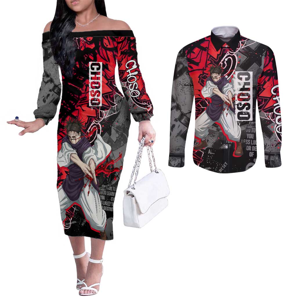 Choso Jujutsu Kaisen Couples Matching Off The Shoulder Long Sleeve Dress and Long Sleeve Button Shirt Urban Graffiti Street Art Style