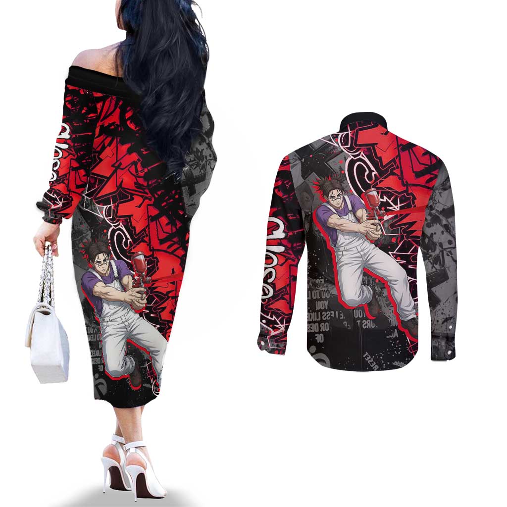 Choso Jujutsu Kaisen Couples Matching Off The Shoulder Long Sleeve Dress and Long Sleeve Button Shirt Urban Graffiti Street Art Style