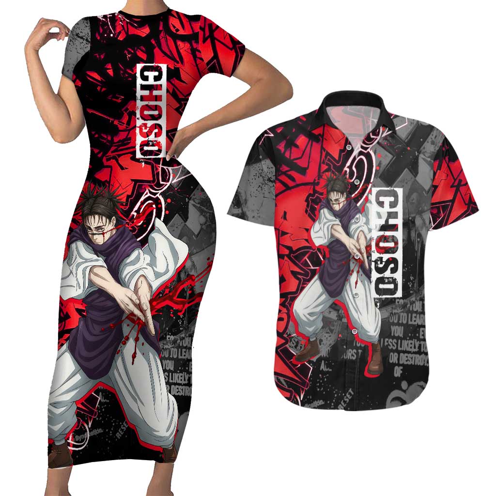 Choso Jujutsu Kaisen Couples Matching Short Sleeve Bodycon Dress and Hawaiian Shirt Urban Graffiti Street Art Style