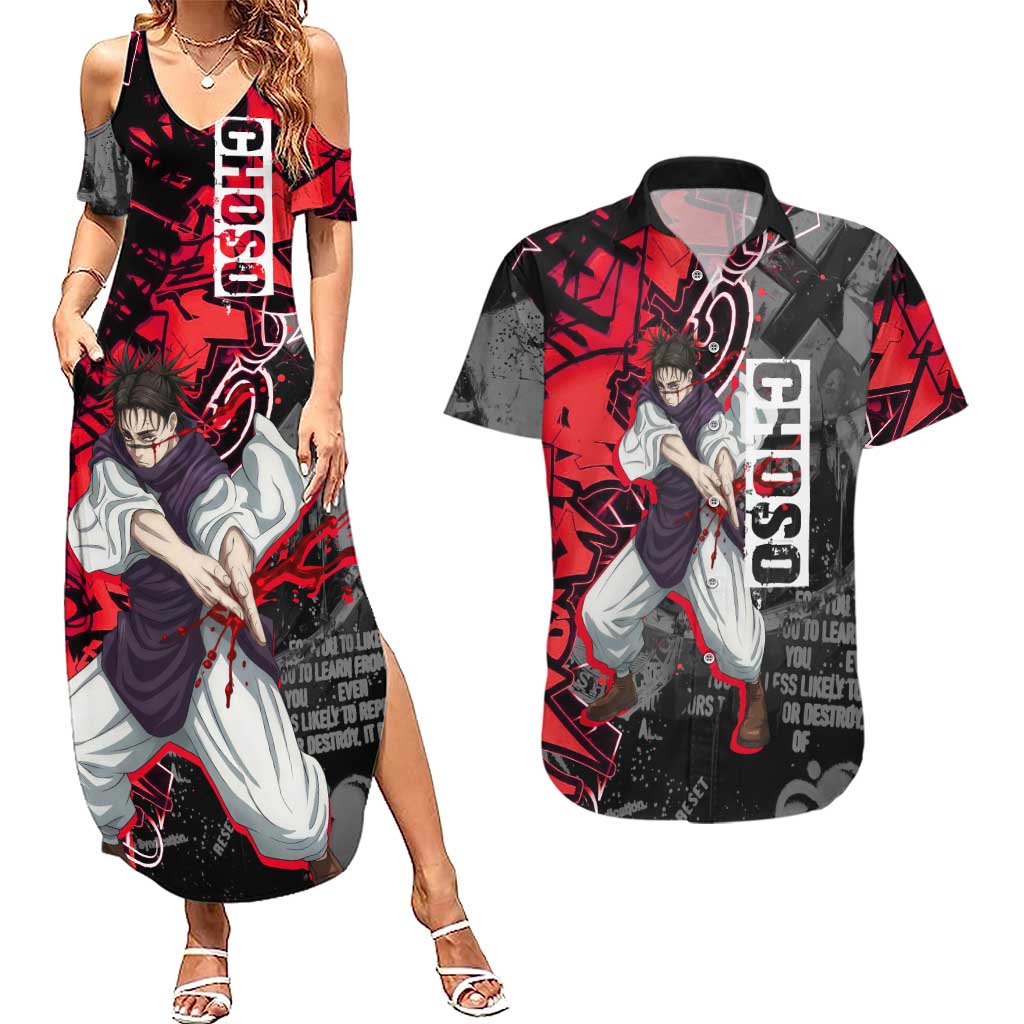 Choso Jujutsu Kaisen Couples Matching Summer Maxi Dress and Hawaiian Shirt Urban Graffiti Street Art Style