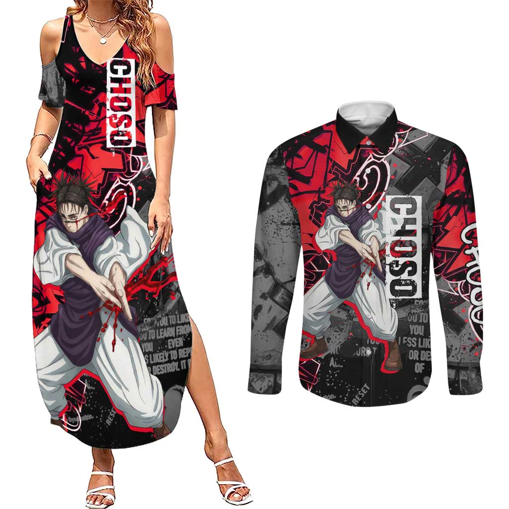 Choso Jujutsu Kaisen Couples Matching Summer Maxi Dress and Long Sleeve Button Shirt Urban Graffiti Street Art Style