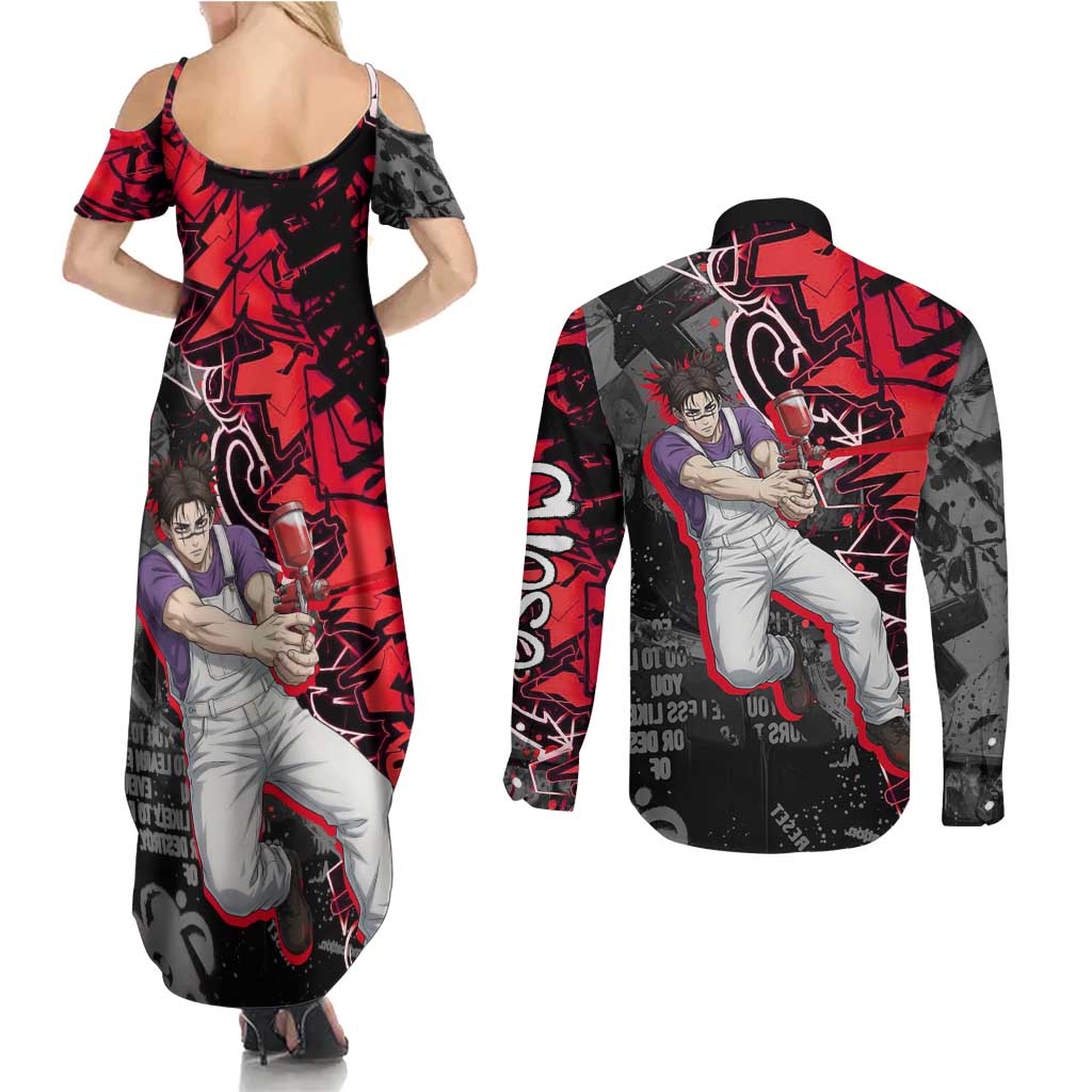 Choso Jujutsu Kaisen Couples Matching Summer Maxi Dress and Long Sleeve Button Shirt Urban Graffiti Street Art Style