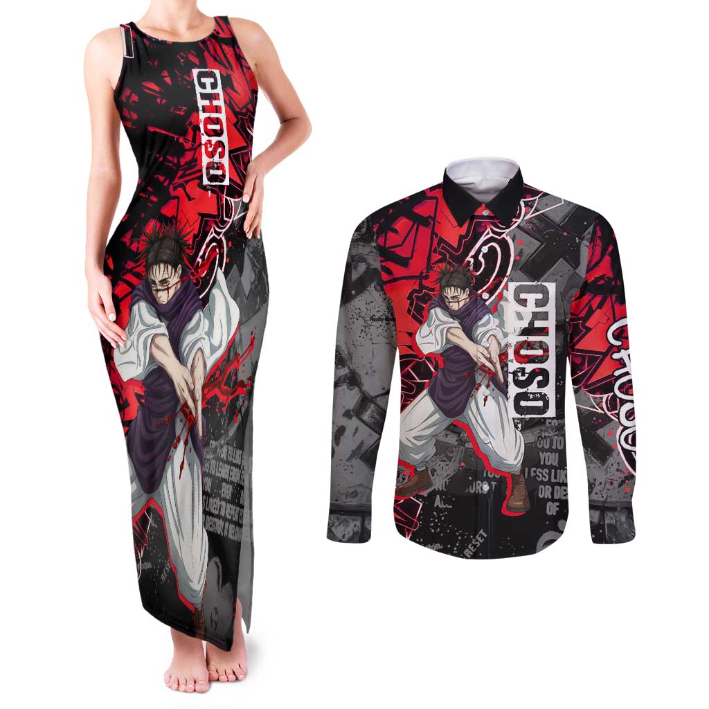 Choso Jujutsu Kaisen Couples Matching Tank Maxi Dress and Long Sleeve Button Shirt Urban Graffiti Street Art Style