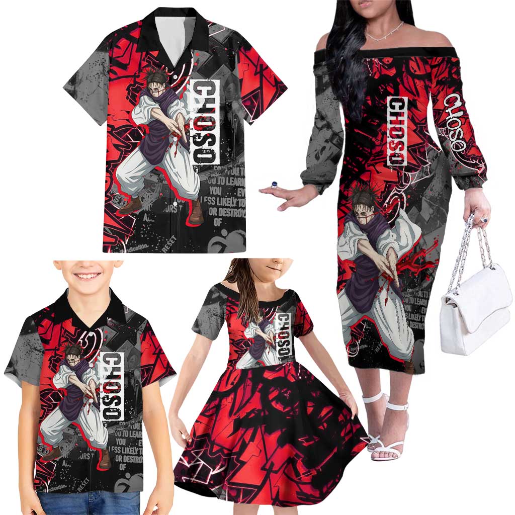 Choso Jujutsu Kaisen Family Matching Off The Shoulder Long Sleeve Dress and Hawaiian Shirt Urban Graffiti Street Art Style