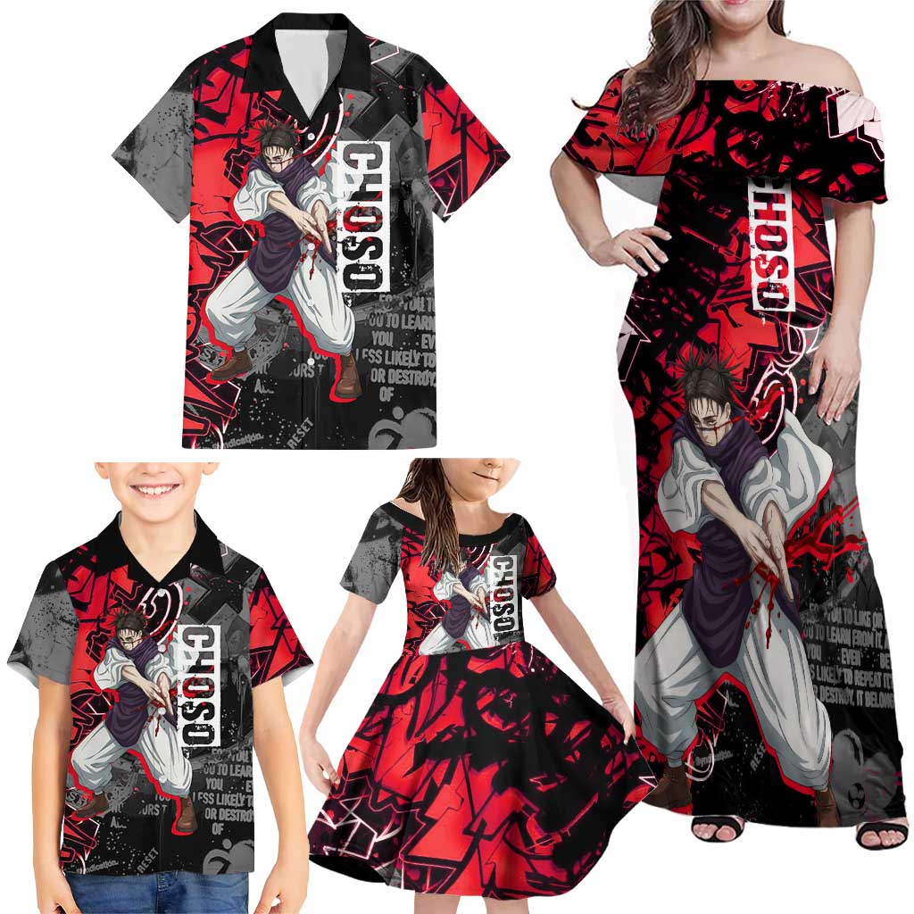 Choso Jujutsu Kaisen Family Matching Off Shoulder Maxi Dress and Hawaiian Shirt Urban Graffiti Street Art Style