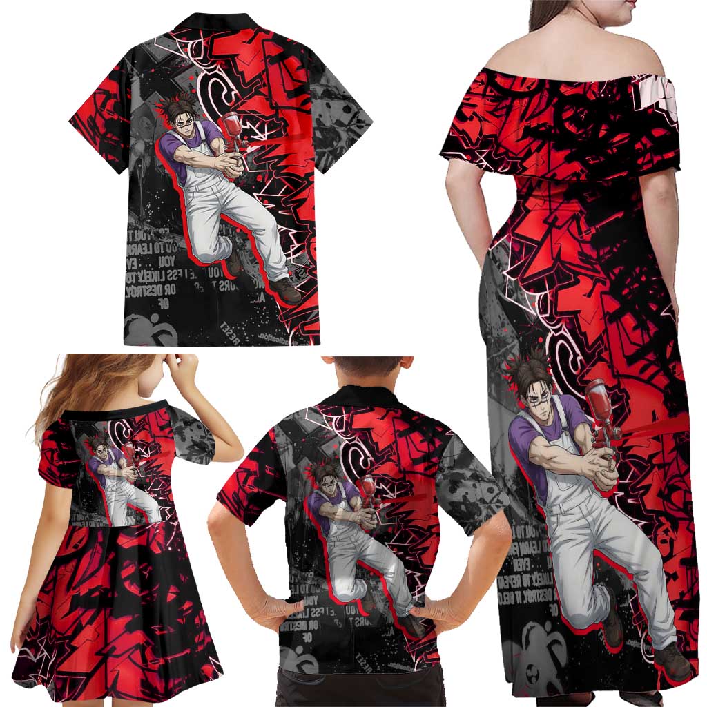 Choso Jujutsu Kaisen Family Matching Off Shoulder Maxi Dress and Hawaiian Shirt Urban Graffiti Street Art Style