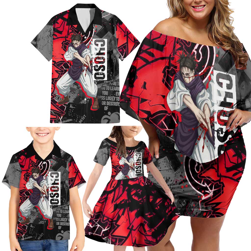 Choso Jujutsu Kaisen Family Matching Off Shoulder Short Dress and Hawaiian Shirt Urban Graffiti Street Art Style