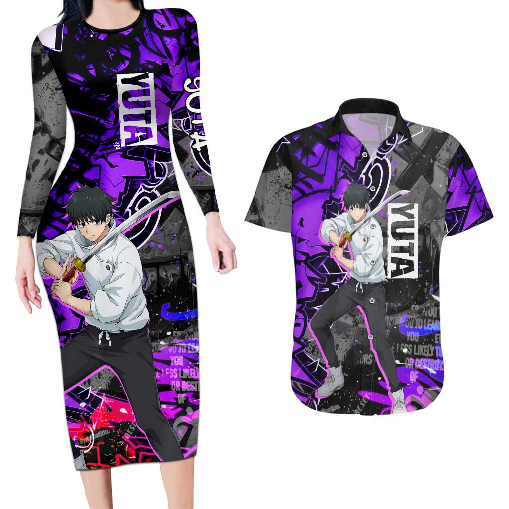 Yuta Okkotsu Jujutsu Kaisen Couples Matching Long Sleeve Bodycon Dress and Hawaiian Shirt Neon Graffiti Anime Fusion