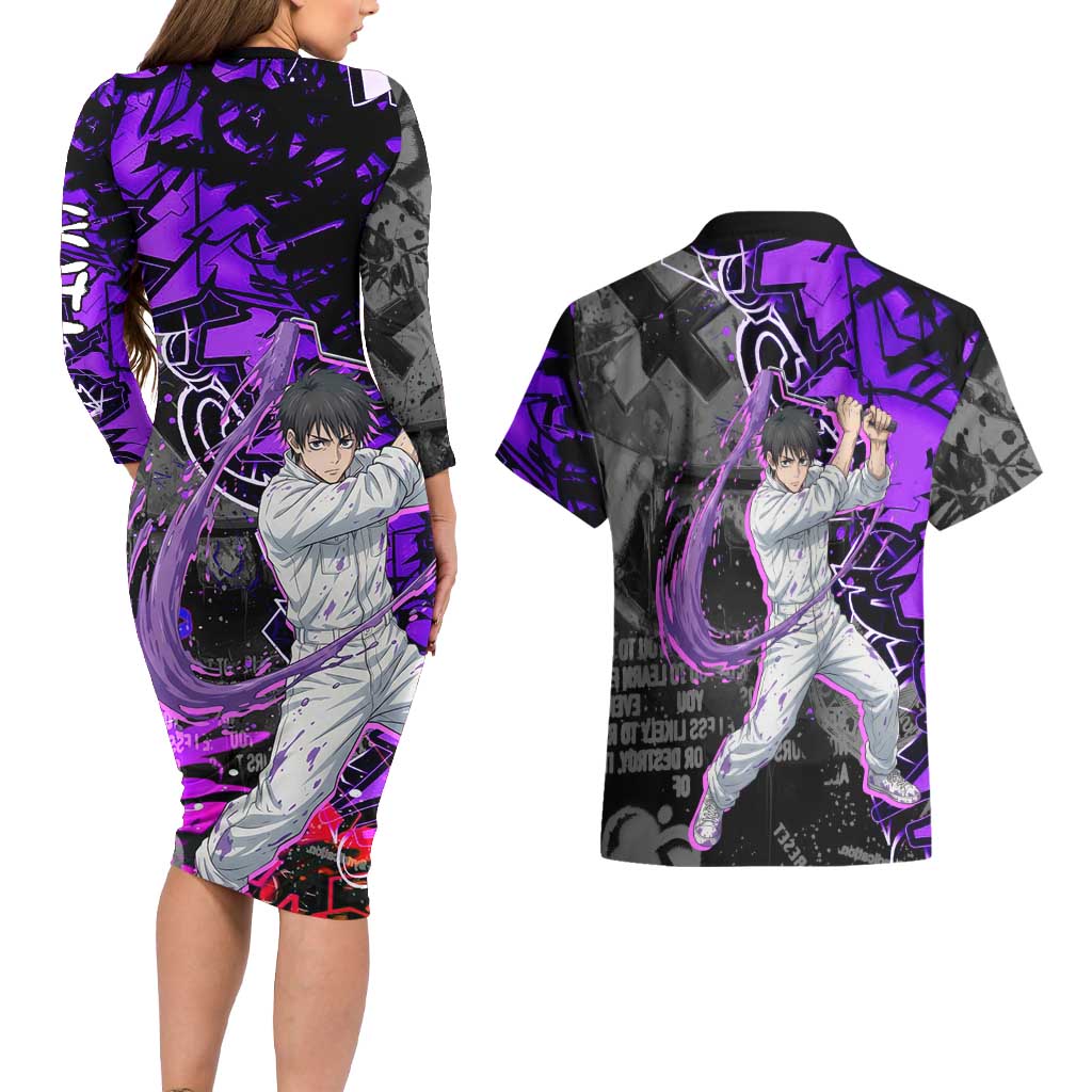 Yuta Okkotsu Jujutsu Kaisen Couples Matching Long Sleeve Bodycon Dress and Hawaiian Shirt Neon Graffiti Anime Fusion
