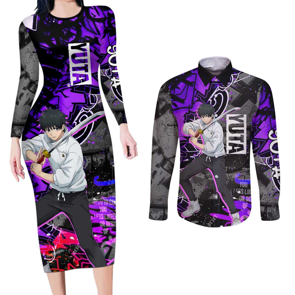 Yuta Okkotsu Jujutsu Kaisen Couples Matching Long Sleeve Bodycon Dress and Long Sleeve Button Shirt Neon Graffiti Anime Fusion