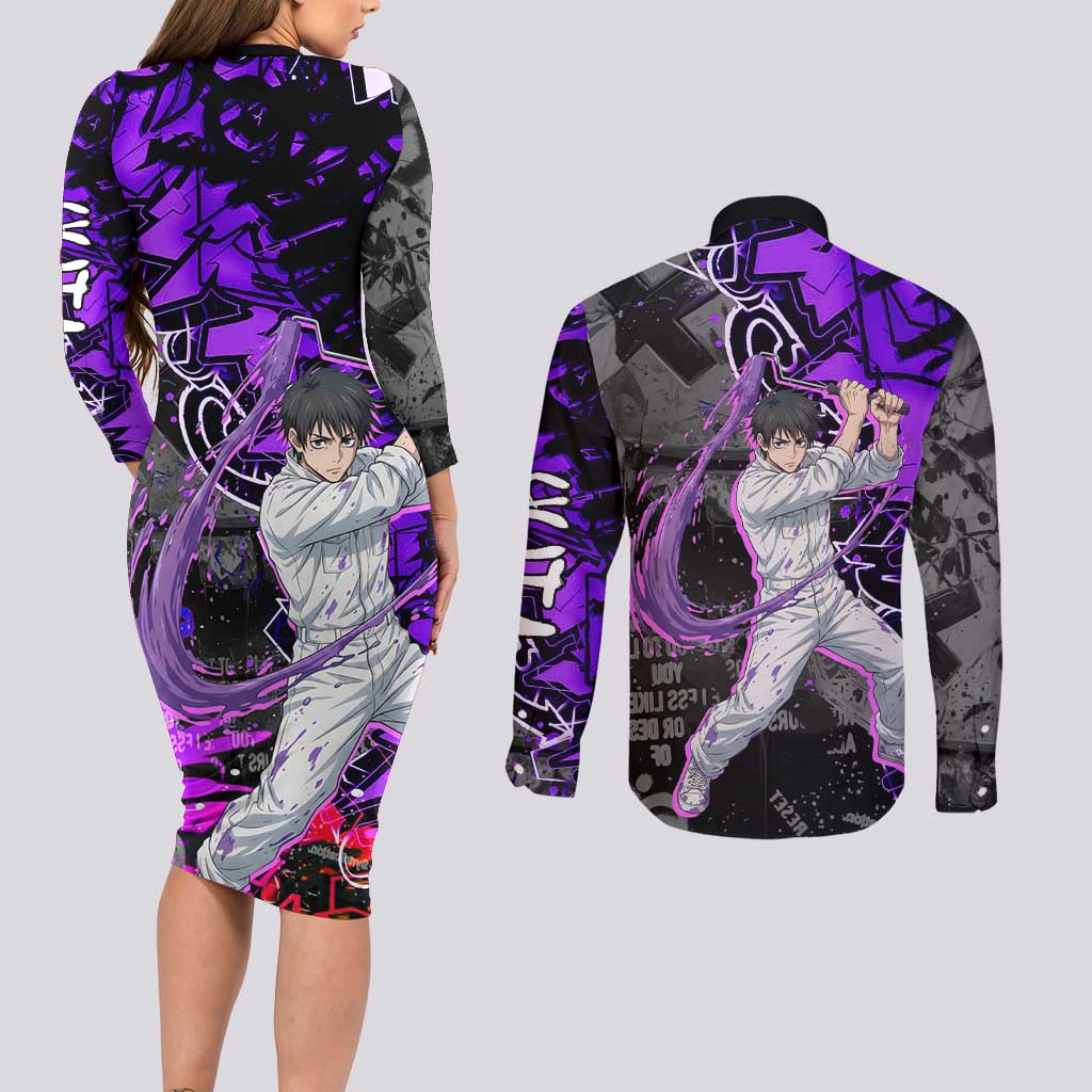 Yuta Okkotsu Jujutsu Kaisen Couples Matching Long Sleeve Bodycon Dress and Long Sleeve Button Shirt Neon Graffiti Anime Fusion