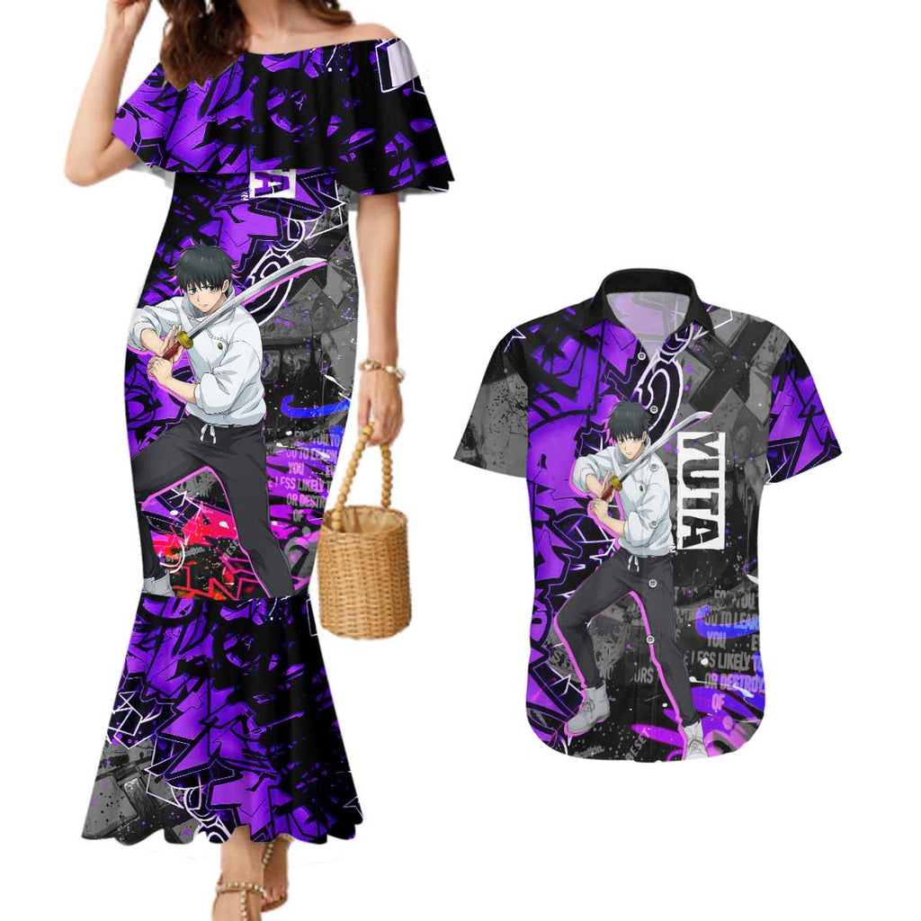 Yuta Okkotsu Jujutsu Kaisen Couples Matching Mermaid Dress and Hawaiian Shirt Neon Graffiti Anime Fusion
