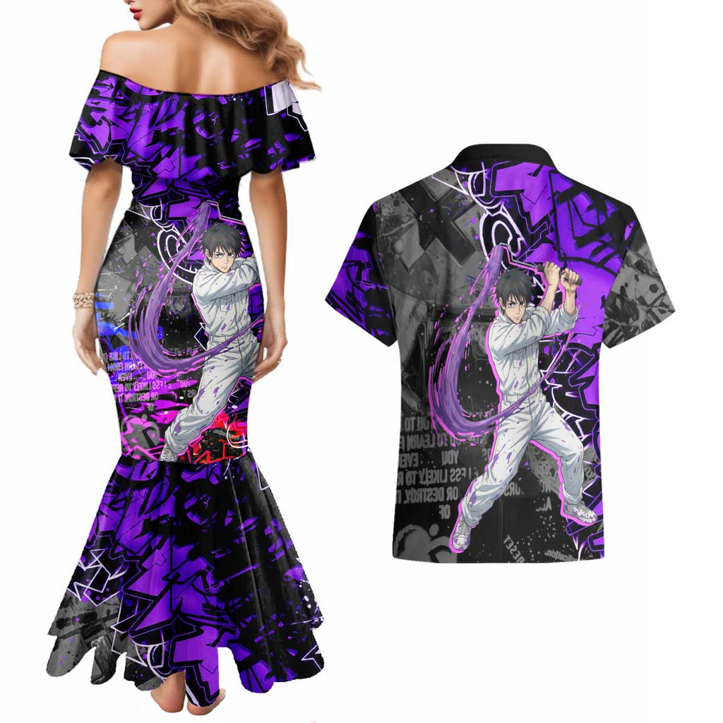Yuta Okkotsu Jujutsu Kaisen Couples Matching Mermaid Dress and Hawaiian Shirt Neon Graffiti Anime Fusion