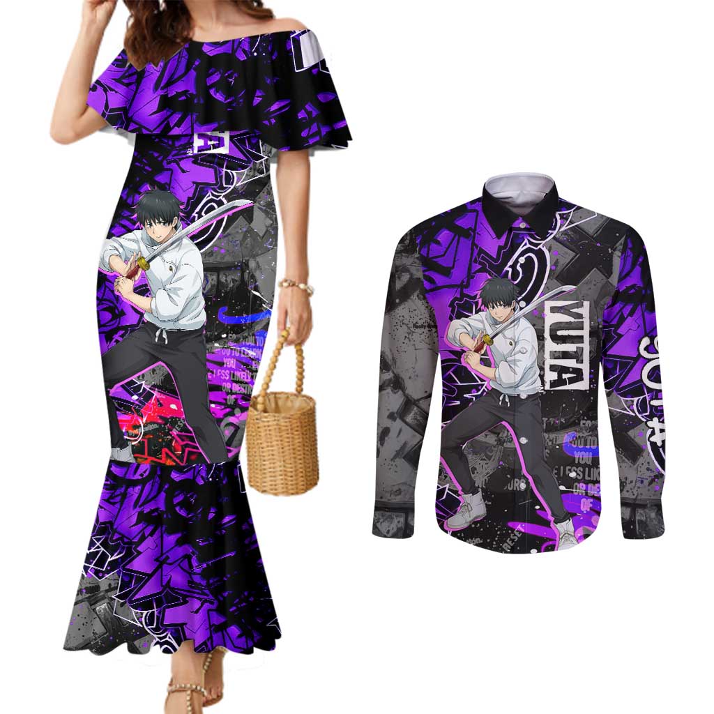 Yuta Okkotsu Jujutsu Kaisen Couples Matching Mermaid Dress and Long Sleeve Button Shirt Neon Graffiti Anime Fusion