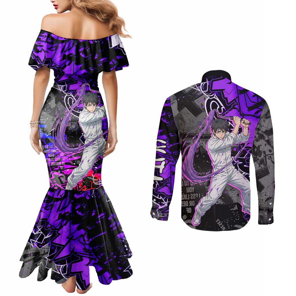 Yuta Okkotsu Jujutsu Kaisen Couples Matching Mermaid Dress and Long Sleeve Button Shirt Neon Graffiti Anime Fusion