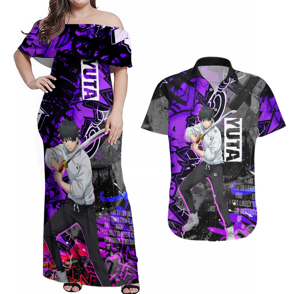 Yuta Okkotsu Jujutsu Kaisen Couples Matching Off Shoulder Maxi Dress and Hawaiian Shirt Neon Graffiti Anime Fusion