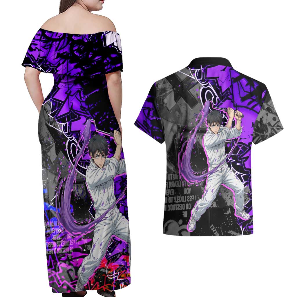 Yuta Okkotsu Jujutsu Kaisen Couples Matching Off Shoulder Maxi Dress and Hawaiian Shirt Neon Graffiti Anime Fusion