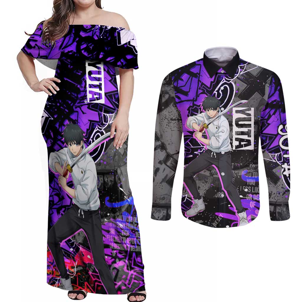 Yuta Okkotsu Jujutsu Kaisen Couples Matching Off Shoulder Maxi Dress and Long Sleeve Button Shirt Neon Graffiti Anime Fusion