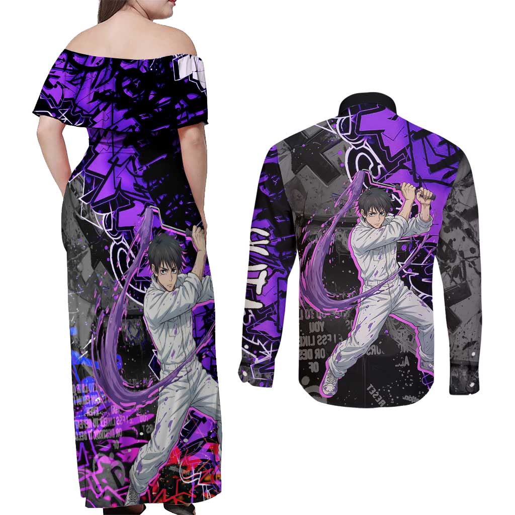 Yuta Okkotsu Jujutsu Kaisen Couples Matching Off Shoulder Maxi Dress and Long Sleeve Button Shirt Neon Graffiti Anime Fusion