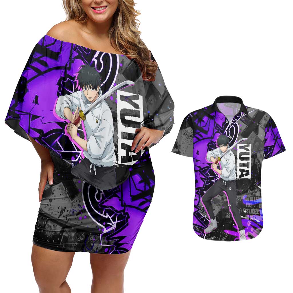 Yuta Okkotsu Jujutsu Kaisen Couples Matching Off Shoulder Short Dress and Hawaiian Shirt Neon Graffiti Anime Fusion