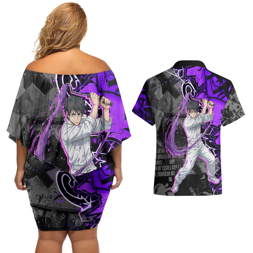 Yuta Okkotsu Jujutsu Kaisen Couples Matching Off Shoulder Short Dress and Hawaiian Shirt Neon Graffiti Anime Fusion