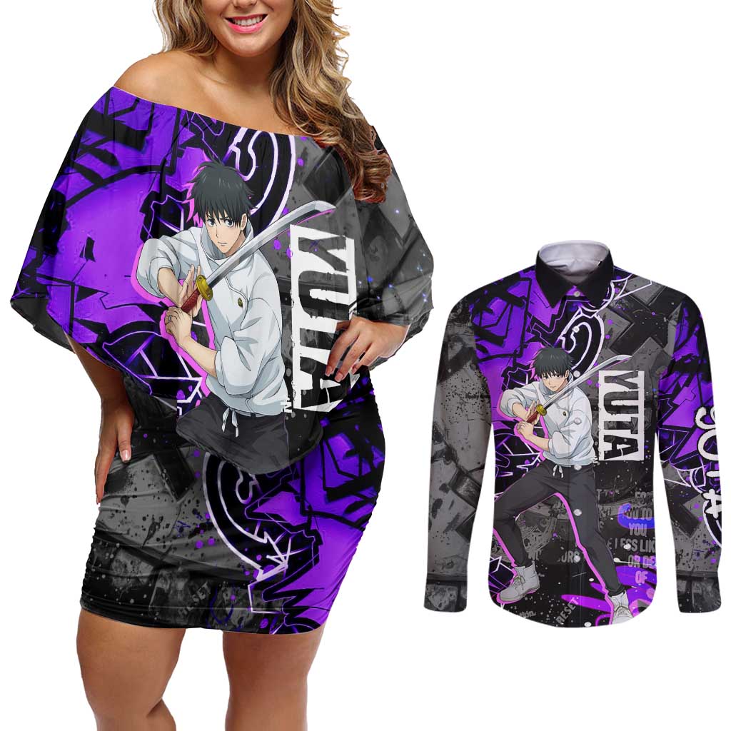 Yuta Okkotsu Jujutsu Kaisen Couples Matching Off Shoulder Short Dress and Long Sleeve Button Shirt Neon Graffiti Anime Fusion
