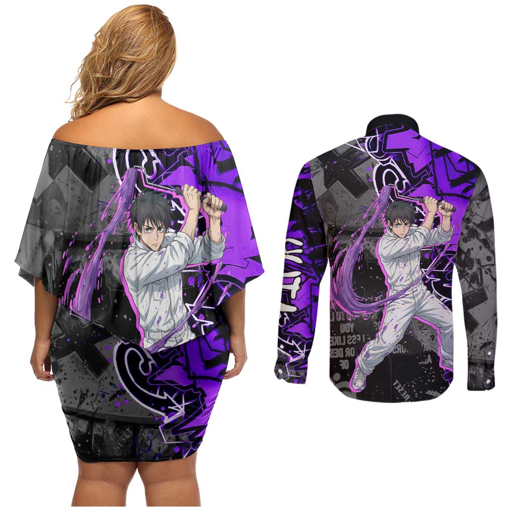 Yuta Okkotsu Jujutsu Kaisen Couples Matching Off Shoulder Short Dress and Long Sleeve Button Shirt Neon Graffiti Anime Fusion