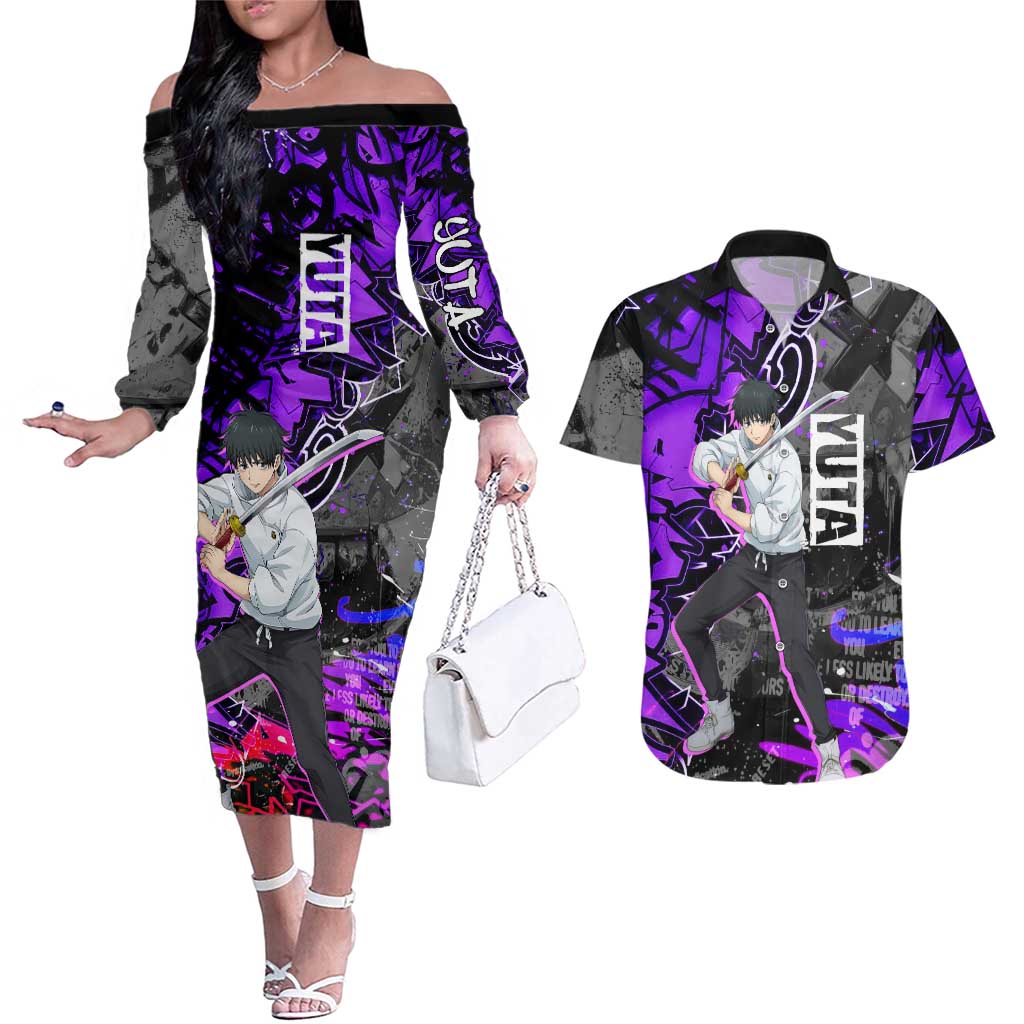 Yuta Okkotsu Jujutsu Kaisen Couples Matching Off The Shoulder Long Sleeve Dress and Hawaiian Shirt Neon Graffiti Anime Fusion
