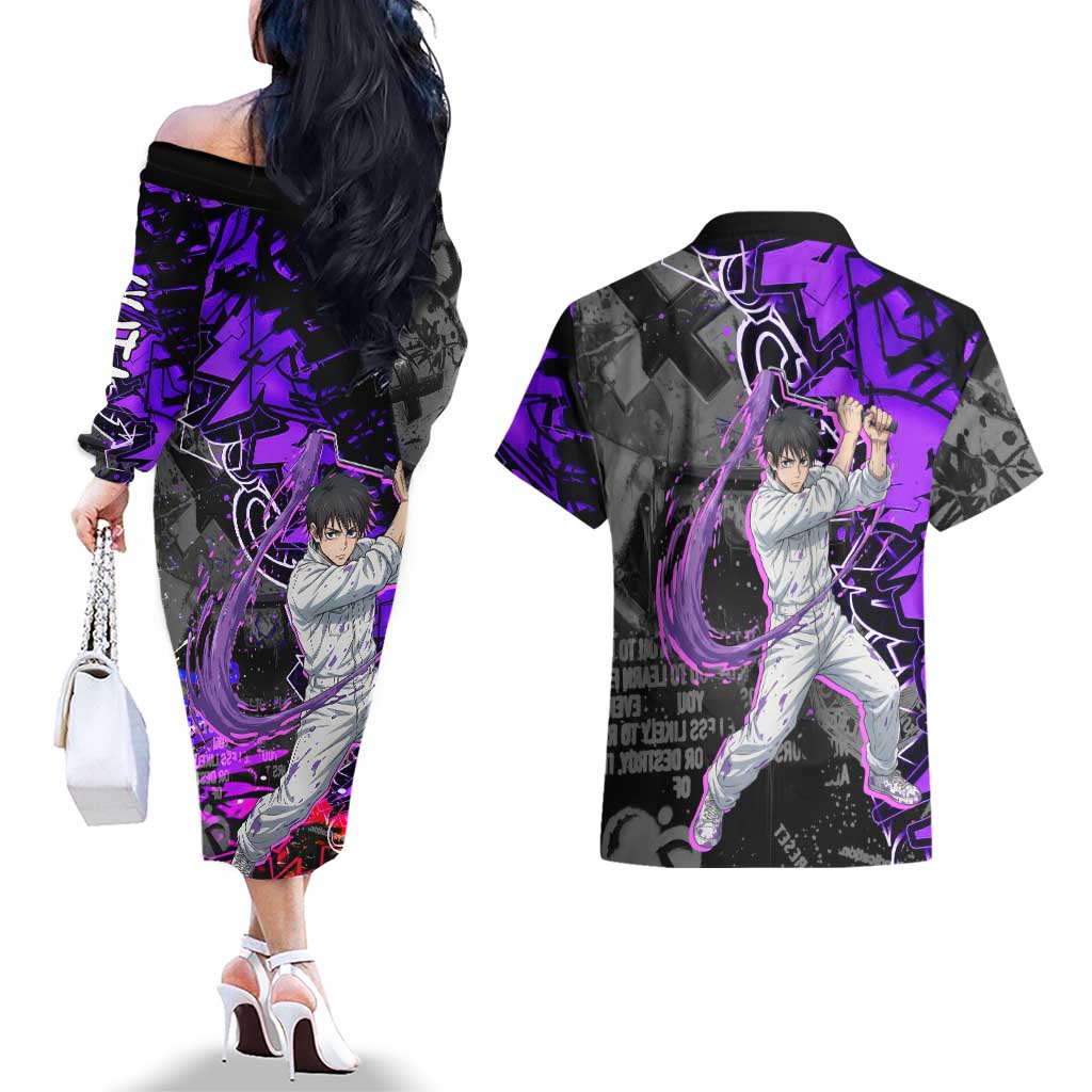 Yuta Okkotsu Jujutsu Kaisen Couples Matching Off The Shoulder Long Sleeve Dress and Hawaiian Shirt Neon Graffiti Anime Fusion