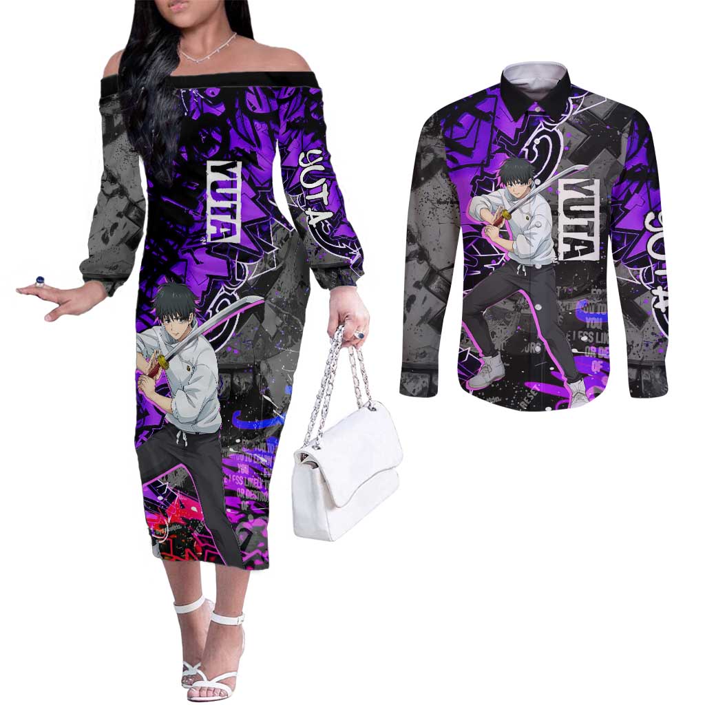 Yuta Okkotsu Jujutsu Kaisen Couples Matching Off The Shoulder Long Sleeve Dress and Long Sleeve Button Shirt Neon Graffiti Anime Fusion