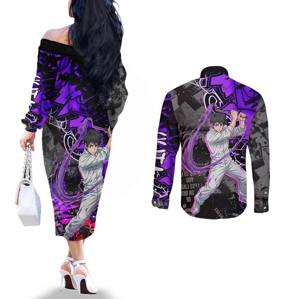 Yuta Okkotsu Jujutsu Kaisen Couples Matching Off The Shoulder Long Sleeve Dress and Long Sleeve Button Shirt Neon Graffiti Anime Fusion