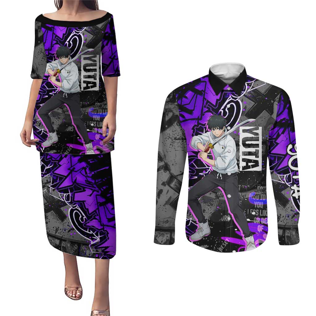 Yuta Okkotsu Jujutsu Kaisen Couples Matching Puletasi and Long Sleeve Button Shirt Neon Graffiti Anime Fusion