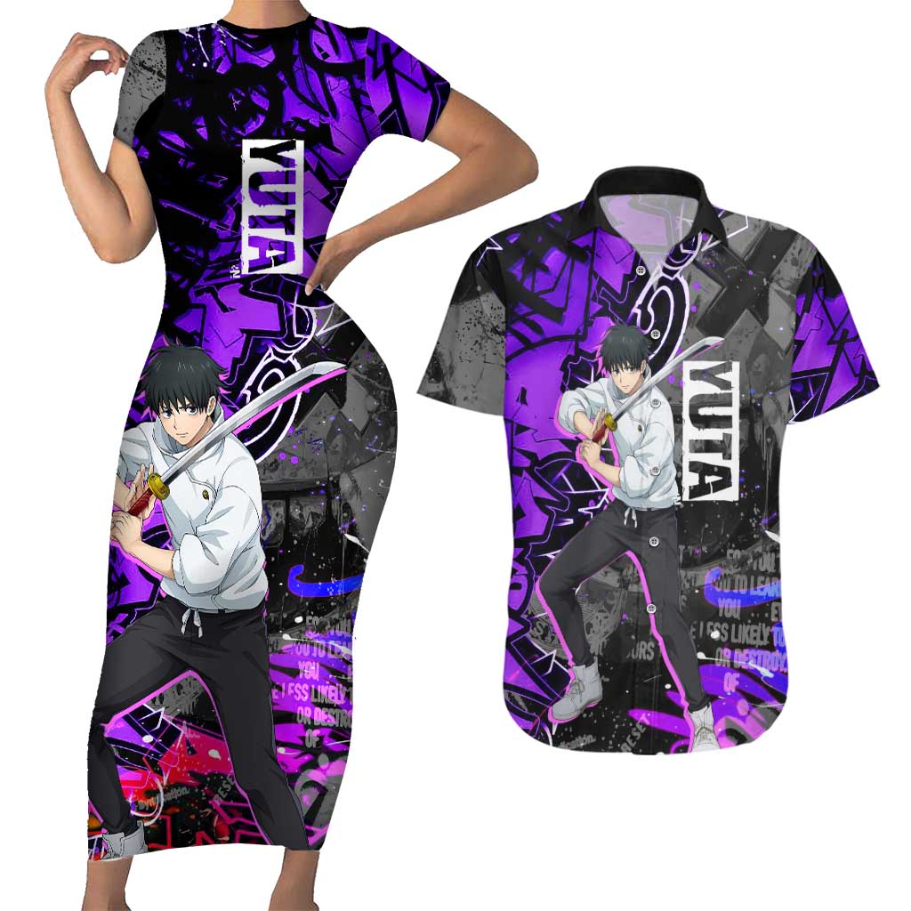 Yuta Okkotsu Jujutsu Kaisen Couples Matching Short Sleeve Bodycon Dress and Hawaiian Shirt Neon Graffiti Anime Fusion