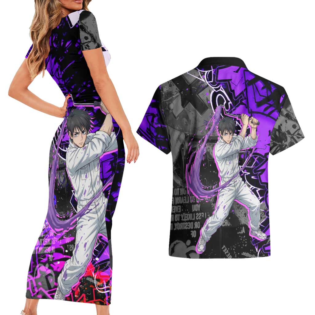 Yuta Okkotsu Jujutsu Kaisen Couples Matching Short Sleeve Bodycon Dress and Hawaiian Shirt Neon Graffiti Anime Fusion