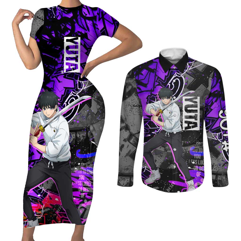 Yuta Okkotsu Jujutsu Kaisen Couples Matching Short Sleeve Bodycon Dress and Long Sleeve Button Shirt Neon Graffiti Anime Fusion