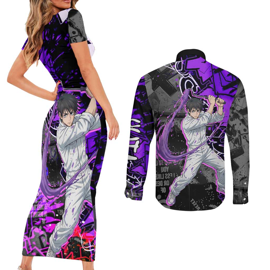 Yuta Okkotsu Jujutsu Kaisen Couples Matching Short Sleeve Bodycon Dress and Long Sleeve Button Shirt Neon Graffiti Anime Fusion