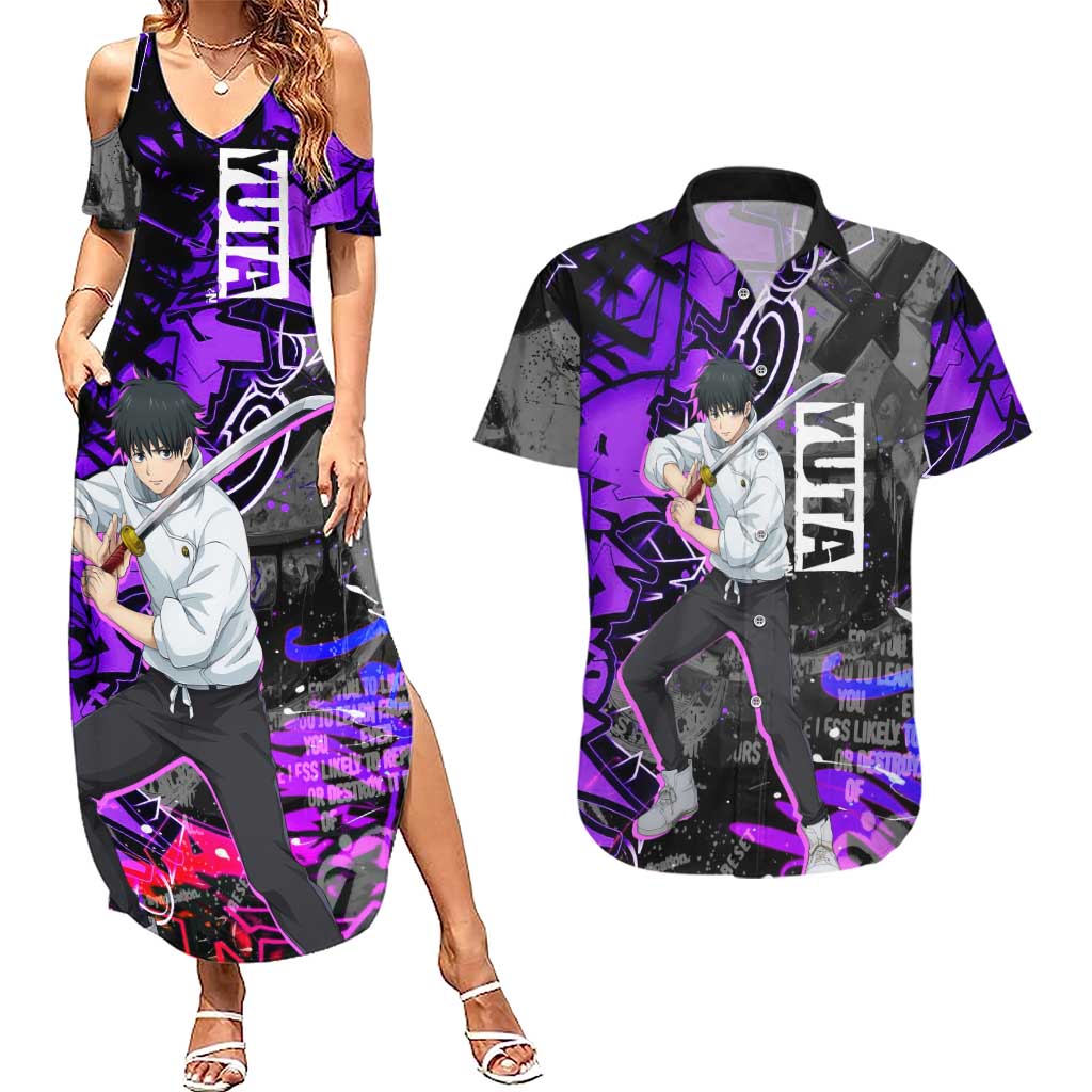Yuta Okkotsu Jujutsu Kaisen Couples Matching Summer Maxi Dress and Hawaiian Shirt Neon Graffiti Anime Fusion