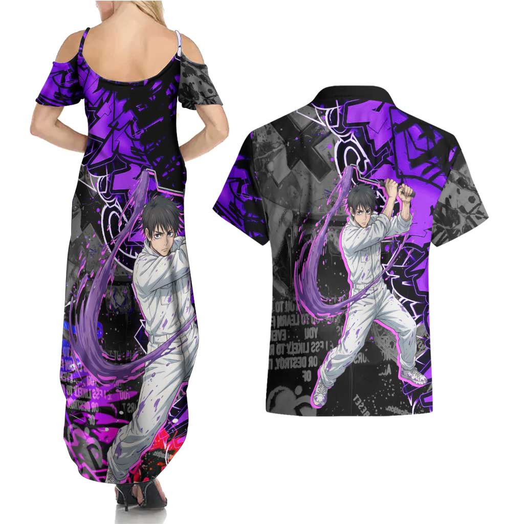 Yuta Okkotsu Jujutsu Kaisen Couples Matching Summer Maxi Dress and Hawaiian Shirt Neon Graffiti Anime Fusion