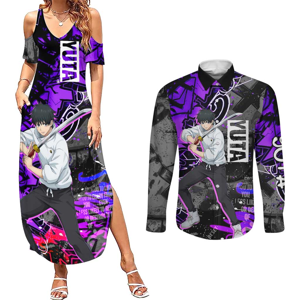 Yuta Okkotsu Jujutsu Kaisen Couples Matching Summer Maxi Dress and Long Sleeve Button Shirt Neon Graffiti Anime Fusion