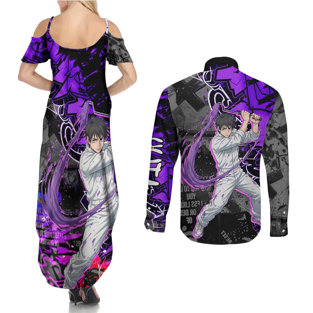 Yuta Okkotsu Jujutsu Kaisen Couples Matching Summer Maxi Dress and Long Sleeve Button Shirt Neon Graffiti Anime Fusion