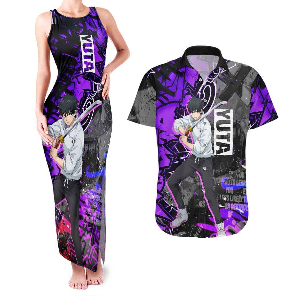 Yuta Okkotsu Jujutsu Kaisen Couples Matching Tank Maxi Dress and Hawaiian Shirt Neon Graffiti Anime Fusion