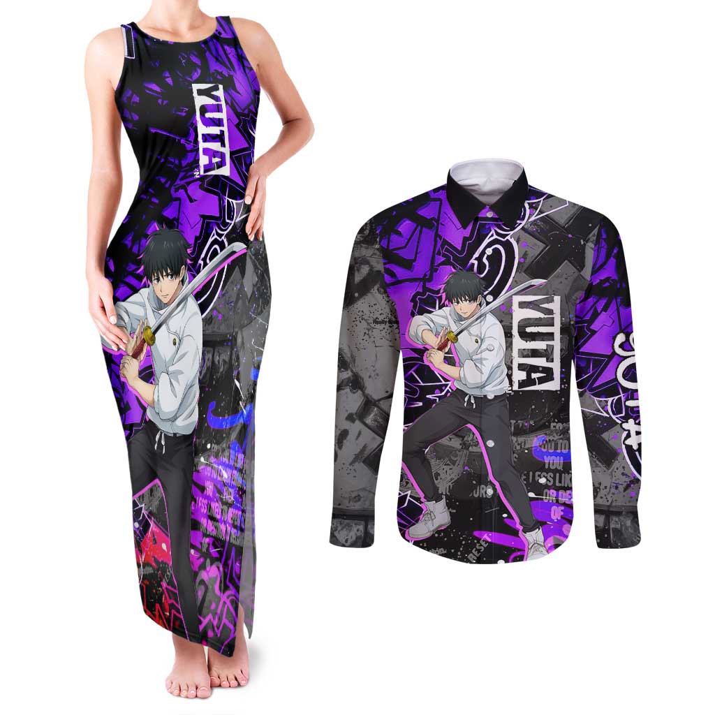 Yuta Okkotsu Jujutsu Kaisen Couples Matching Tank Maxi Dress and Long Sleeve Button Shirt Neon Graffiti Anime Fusion