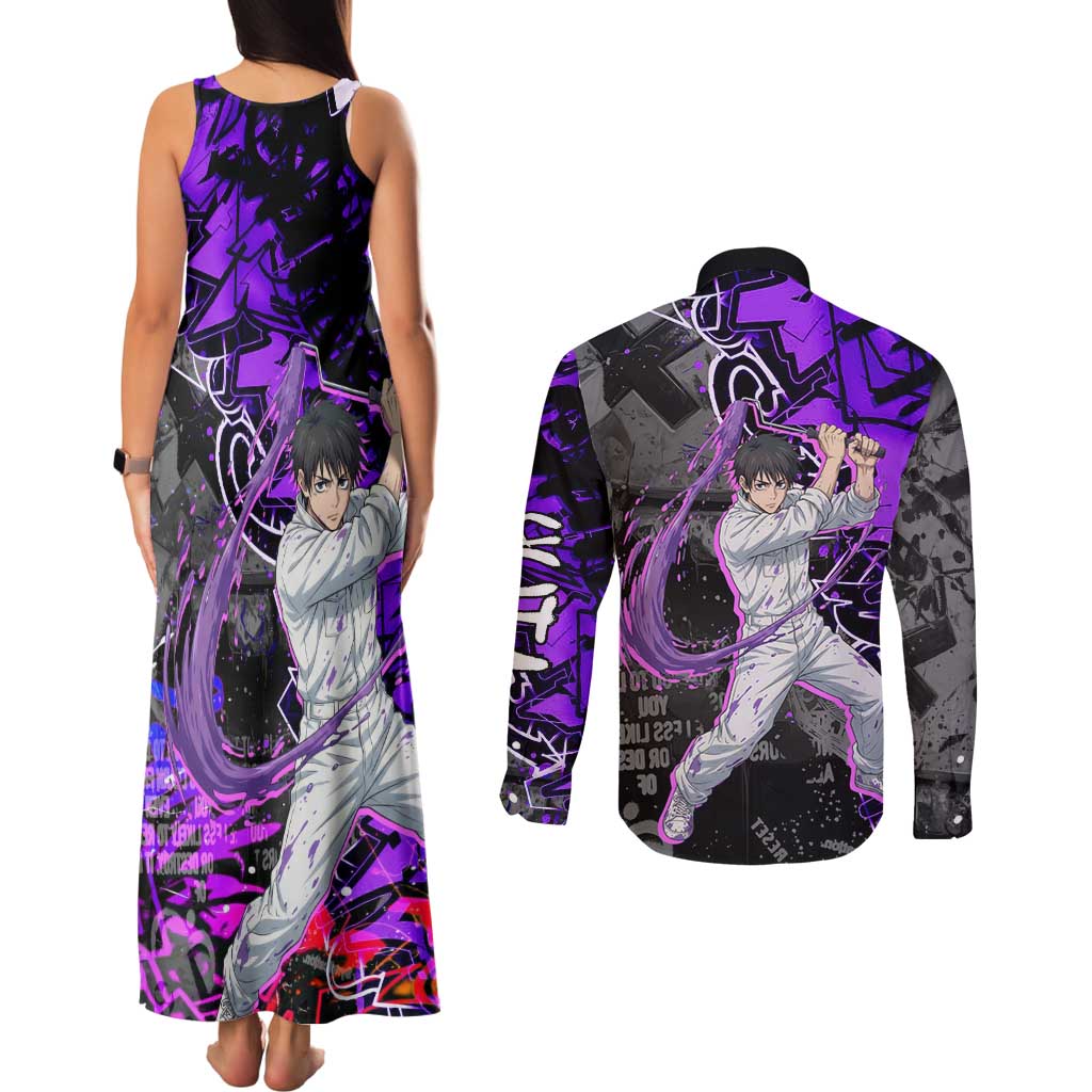 Yuta Okkotsu Jujutsu Kaisen Couples Matching Tank Maxi Dress and Long Sleeve Button Shirt Neon Graffiti Anime Fusion