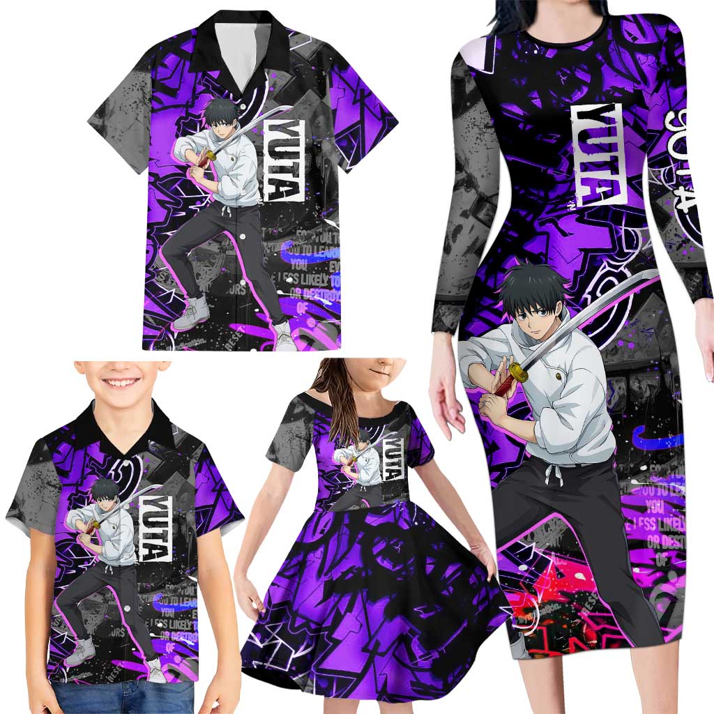 Yuta Okkotsu Jujutsu Kaisen Family Matching Long Sleeve Bodycon Dress and Hawaiian Shirt Neon Graffiti Anime Fusion