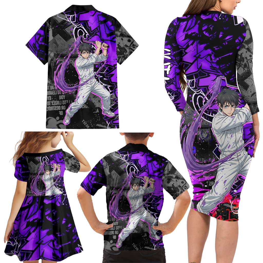 Yuta Okkotsu Jujutsu Kaisen Family Matching Long Sleeve Bodycon Dress and Hawaiian Shirt Neon Graffiti Anime Fusion