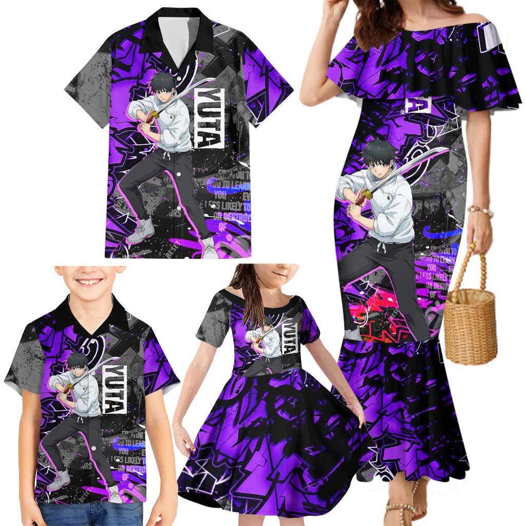 Yuta Okkotsu Jujutsu Kaisen Family Matching Mermaid Dress and Hawaiian Shirt Neon Graffiti Anime Fusion