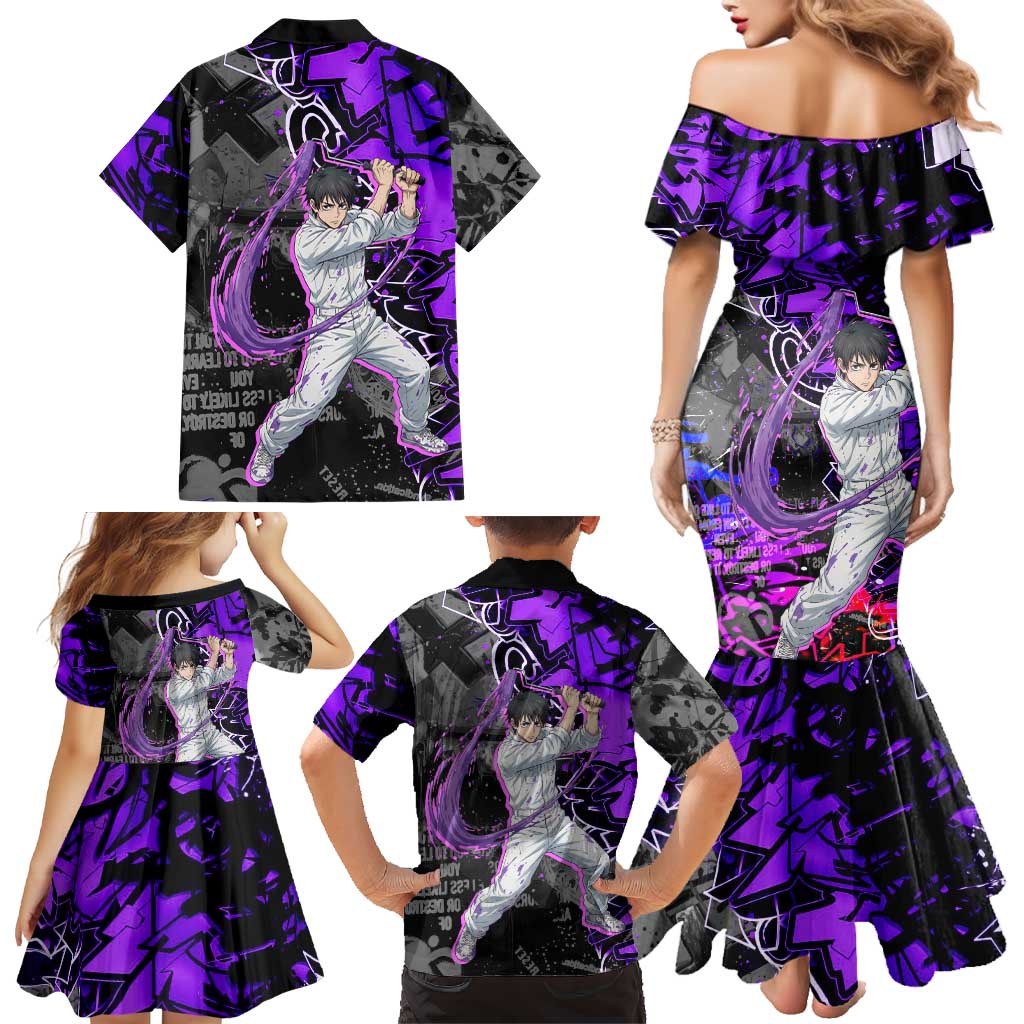 Yuta Okkotsu Jujutsu Kaisen Family Matching Mermaid Dress and Hawaiian Shirt Neon Graffiti Anime Fusion