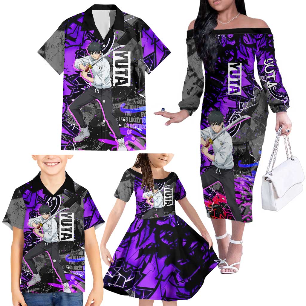 Yuta Okkotsu Jujutsu Kaisen Family Matching Off The Shoulder Long Sleeve Dress and Hawaiian Shirt Neon Graffiti Anime Fusion
