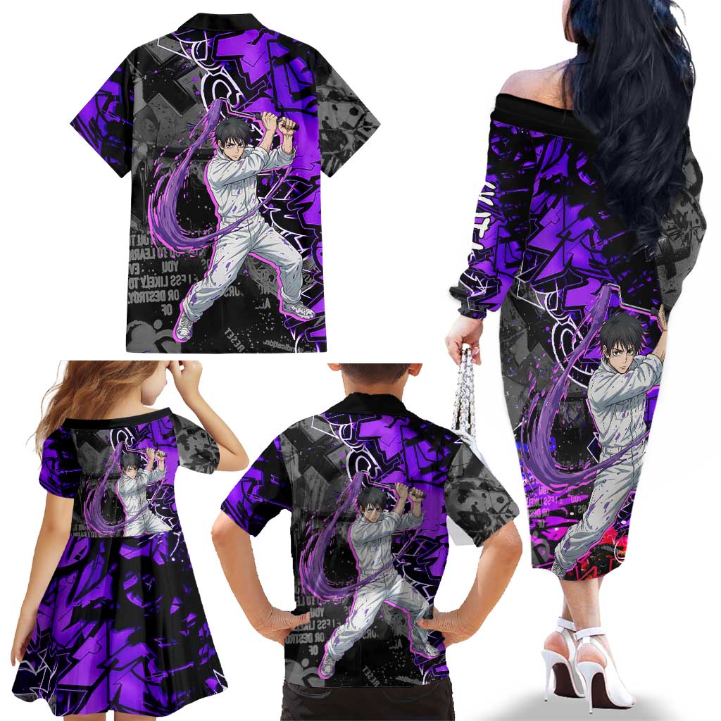 Yuta Okkotsu Jujutsu Kaisen Family Matching Off The Shoulder Long Sleeve Dress and Hawaiian Shirt Neon Graffiti Anime Fusion